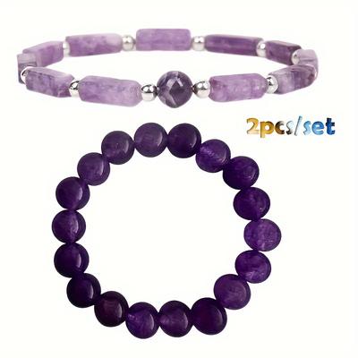 TEMU 2pcs Natural Stone Amethyst Bracelets Bracelet Set, Handmade, Bohemian Style, Ideal New Year, Valentine's Day, Day Gift Image