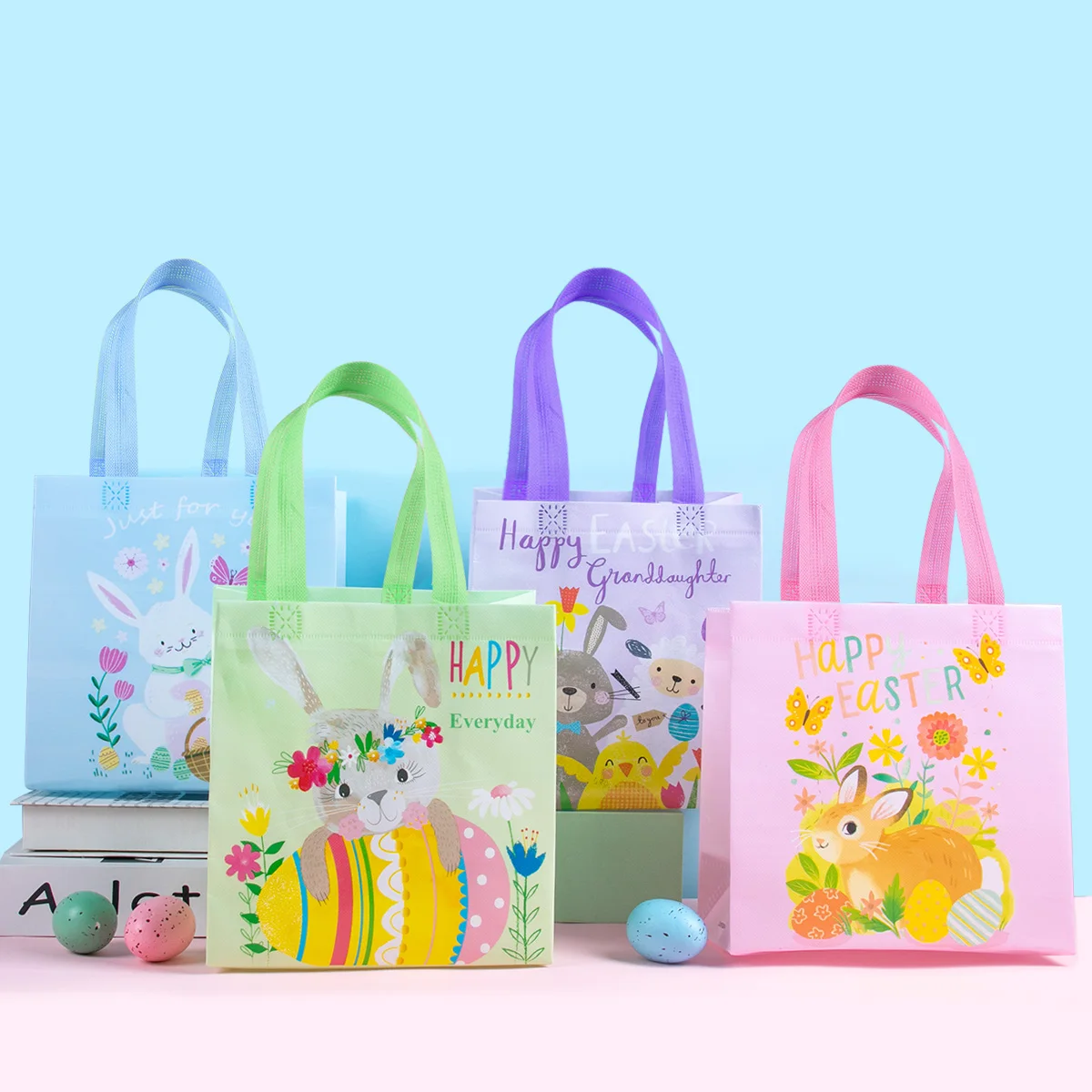 4 Stück Frohe Osterhase Vliesstoff Geschenktüten Niedliche Kaninchen Ei Kekse Süßigkeiten Verpackungsbeutel Kinder Ostern Partybevorzugung Dekoration Image