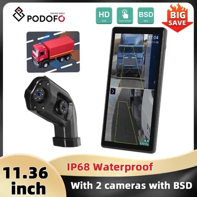 Podofo 10.36'' Vertical Screen Car Monitor Dual-channel Camera Loop Recording BSD Waterproof Voice Control Car DVR for Truck