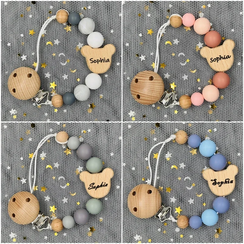 Benutzerdefinierte Name Holz personalisierte Baby Schnuller Kette Clip Silikon Perle Schnuller Nippel Halter mit Namen Beißring Anhänger Neugeborenen Geschenk Image