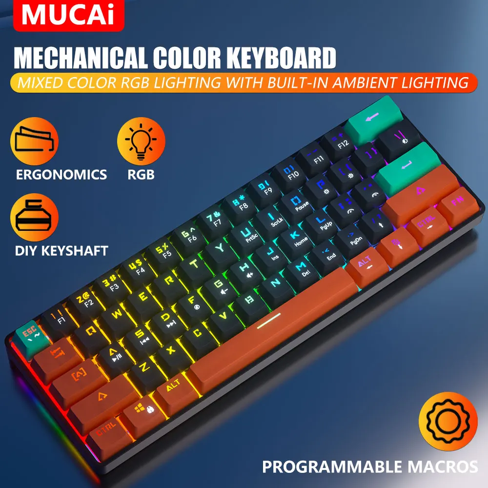 MUCAI MKA610S USB-Gaming-mechanische Tastatur, unabhängiger Treiber, programmierbarer roter Schalter, 61 Tasten, kabelgebunden, abnehmbares Kabel, RGB-Beleuchtung Image