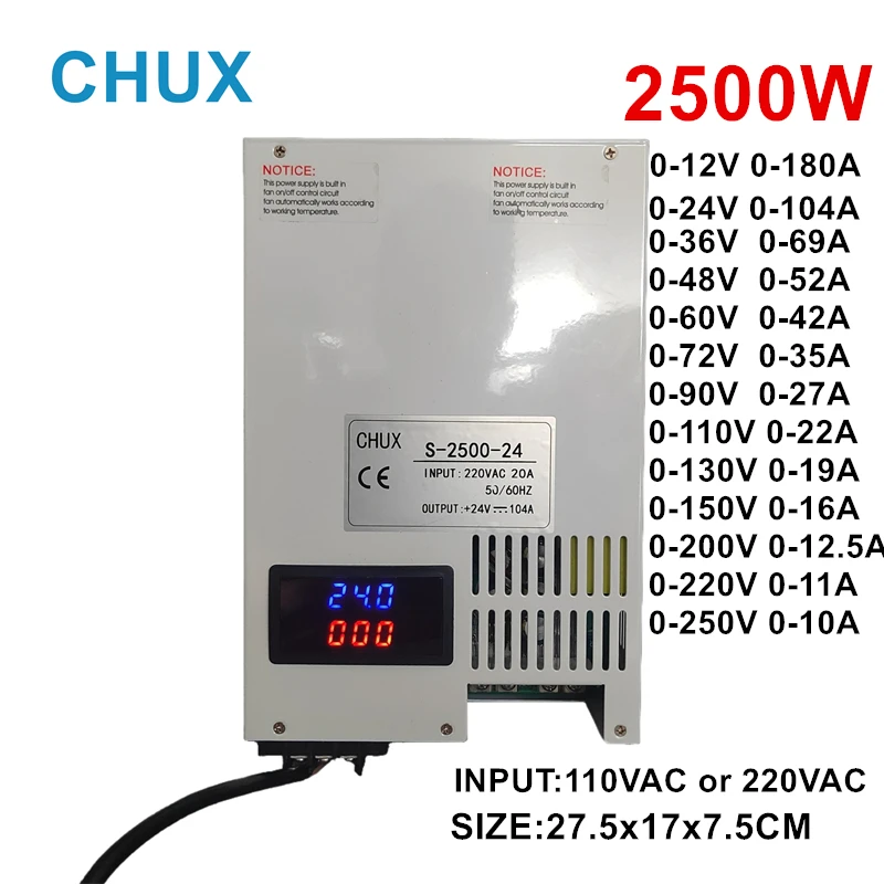 CHUX 2500W Einstellbares DC-Schaltnetzteil 12V 24V 36V 48V 60V 72V 90V 110V 200V 250V mit LED-Anzeige AC DC-Netzteil Image
