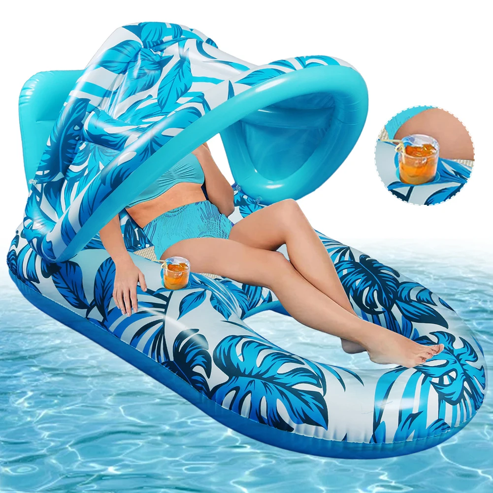 Hängematte Liegestuhl mit Sonnenschirm aufblasbares Wasser Schlaf bett PVC schwimmende Liege Luft matratze Outdoor-Schwimm spielzeug Image
