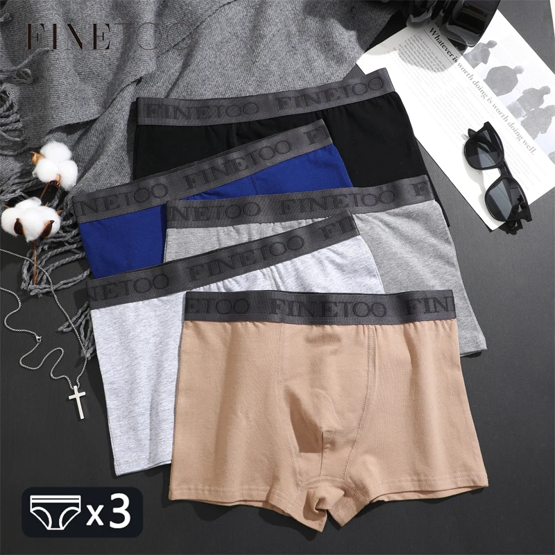 FINETOO 3-teilige Herren-Boxershorts aus Baumwolle, atmungsaktive Unterwäsche, bequem, hochelastisch, Boxershorts, mit Buchstaben bedruckt, solide Höschen, S-XXL Image