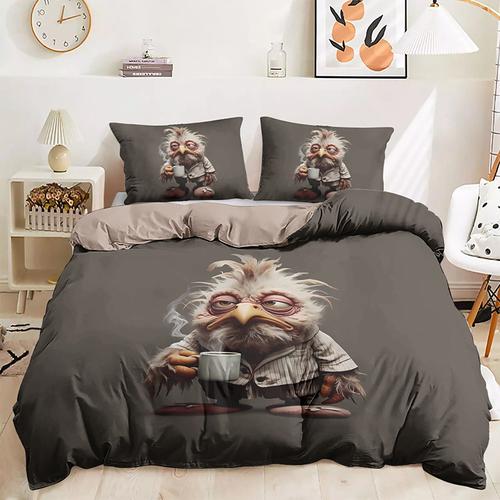 Duvet Cover Set with Funny Rooster Print, 100% Cotton, Soft and Breathable Fabric, Includes Duvet Cover and Pillowcases, Hypoallergenic and Skin-Friendly, Machine Washable, Durable, Comfortable