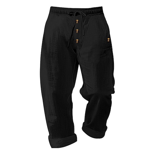 Herren Leinenhose Hose Hosen Sommerhosen Strandhose Knopf Kordelzug Elastische Taille Glatt Komfort Atmungsaktiv In voller Länge Casual Täglich Festtage Modisch Klassicher Stil Schwarz Weiß Image