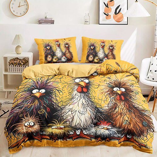 Lustiges Bettbezug-Set mit Hahn, 100 % Baumwolle, weiches und bequemes Bettwäsche-Set mit lustigem Hahn-Aufdruck, gemütlich und stilvoll, perfekt als Schlafzimmer-Dekor, pflegeleicht und maschinenwaschbar Image