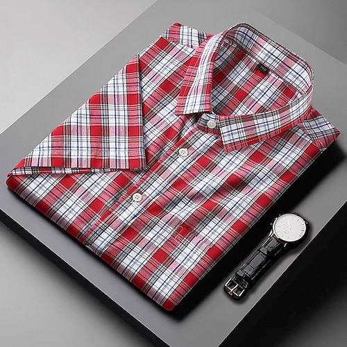 Herren Hemd Kleidhemd Karomuster Büro Karriere Hochzeitsfeier Hellrosa Hellblau Rosa Dunkelpink Kurzarm Revers Sommer Bekleidung Image