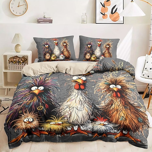 Lustiges Bettbezug-Set mit Hahn, 100 % Baumwolle, weiches und bequemes Bettwäsche-Set mit lustigem Hahn-Aufdruck, gemütlich und stilvoll, perfekt als Schlafzimmer-Dekor, pflegeleicht und maschinenwaschbar Image