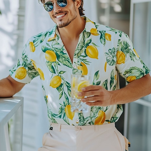 Herren Frucht Strandhemd Aloha-Shirt Kurzarm Hawaiianisch Urlaub Sommer Frühling Umlegekragen Knopf hoch Gelb Orange Grün Image