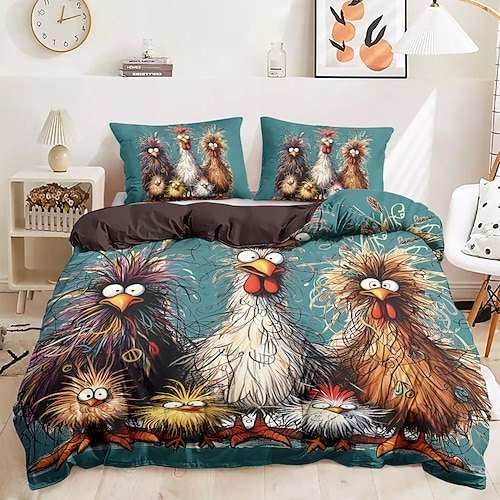 Lustiges Bettbezug-Set mit Hahn, 100 % Baumwolle, weiches und bequemes Bettwäsche-Set mit lustigem Hahn-Aufdruck, gemütlich und stilvoll, perfekt als Schlafzimmer-Dekor, pflegeleicht und maschinenwaschbar Image