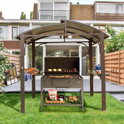 8x5 FT Arc Roof, Grill Canopy for Outdoor Grill w/Double Galvanized Steel Roof and 2 Side Shelves
