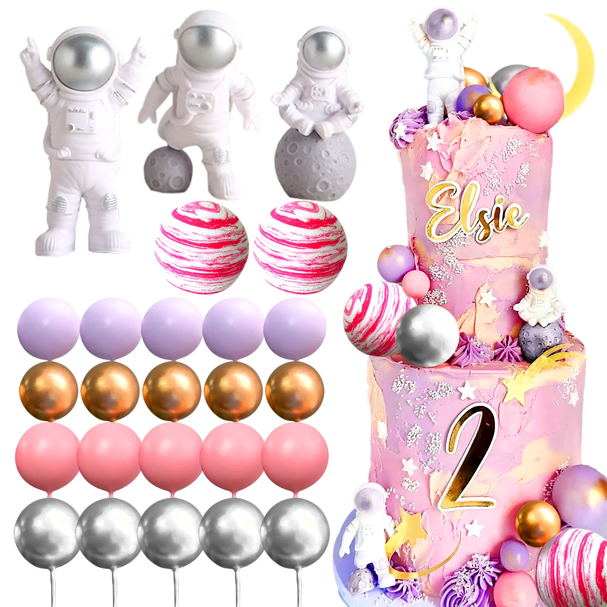 LaVenty Space Cake Topper Weltraum Astronaut Rakete Sterne Kuchendekorationen für Geburtstagsparty-Zubehör Babyparty Image