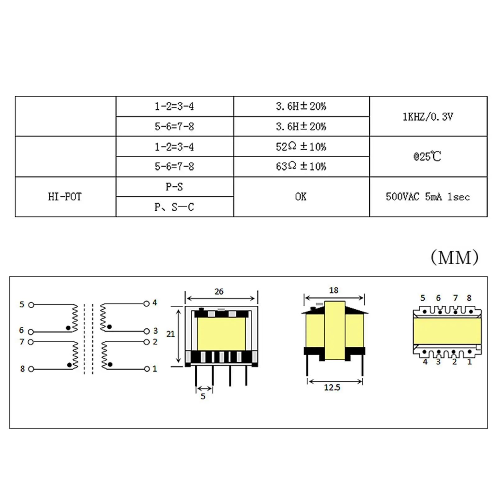Audio-Transformator, langlebig, EE25, einfach zu installieren, 600:600, ersetzt hochwertige Transformatoren für Mikrofon-Audiosignal-Transformatoren Image