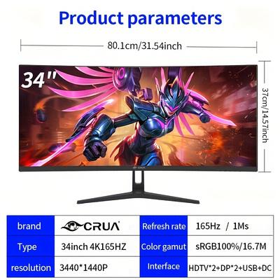 TEMU 34 Crua Gaming Monitor 34-inch Curved Wqhd Monitor 4k 3440 X 1440 R1500 Computer Monitor 165hz Va Panel Displayport X2 99% Srgb 1ms Picture-by-picture Display, Vesa 75 * 75mm Machine Black Image