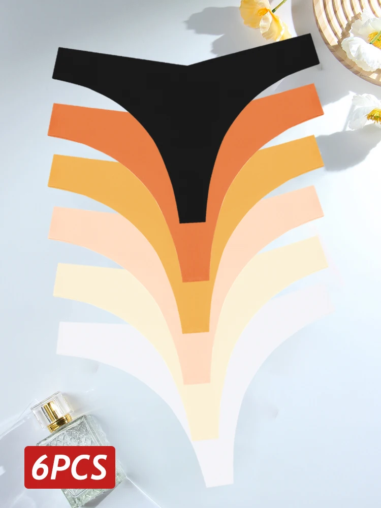 6PCS Frauen Nahtlose Höschen Eis Seide Ultra Dünne Thongs Sexy V Taille G-String Unterhose Weibliche Einfarbig Atmungsaktive Dessous Image
