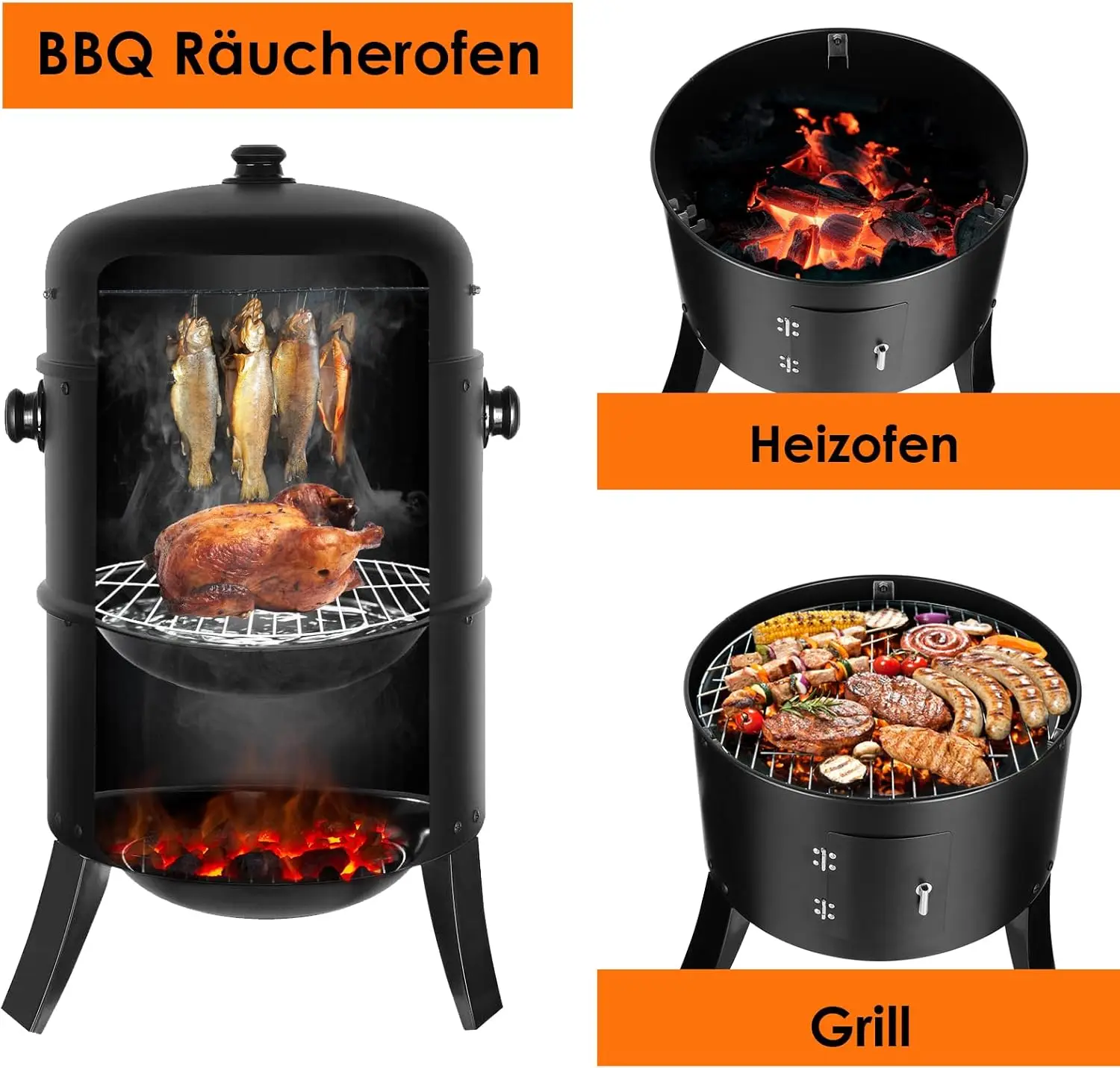 Räucherofen, 3-in-1-Grill, Holzkohle-Räucherofen, Wasserraucherofen, runder Räucherofen mit Deckel und Thermometer, 2 Edelstahlgitter Image