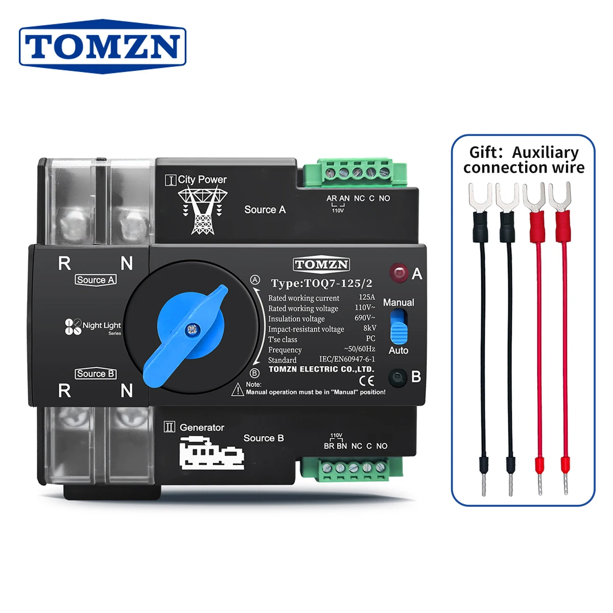 TOMZN DIN-Schiene ATS 110 V 120 V Dual Power Automatische Übertragung Elektrischer Wahlschalter Unterbrechungsfreie 2P 63A 100A 125A Image