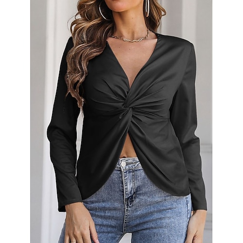 Per donna Camicia Elegant Elegante Raso/Satin Tinta unica Elegante Moderno Casual Manica Lunga Scollo a V Top Regolari Ospite di nozze Lavoro Quotidiano Nodo attorcigliato Nero Bianco Estate Primavera