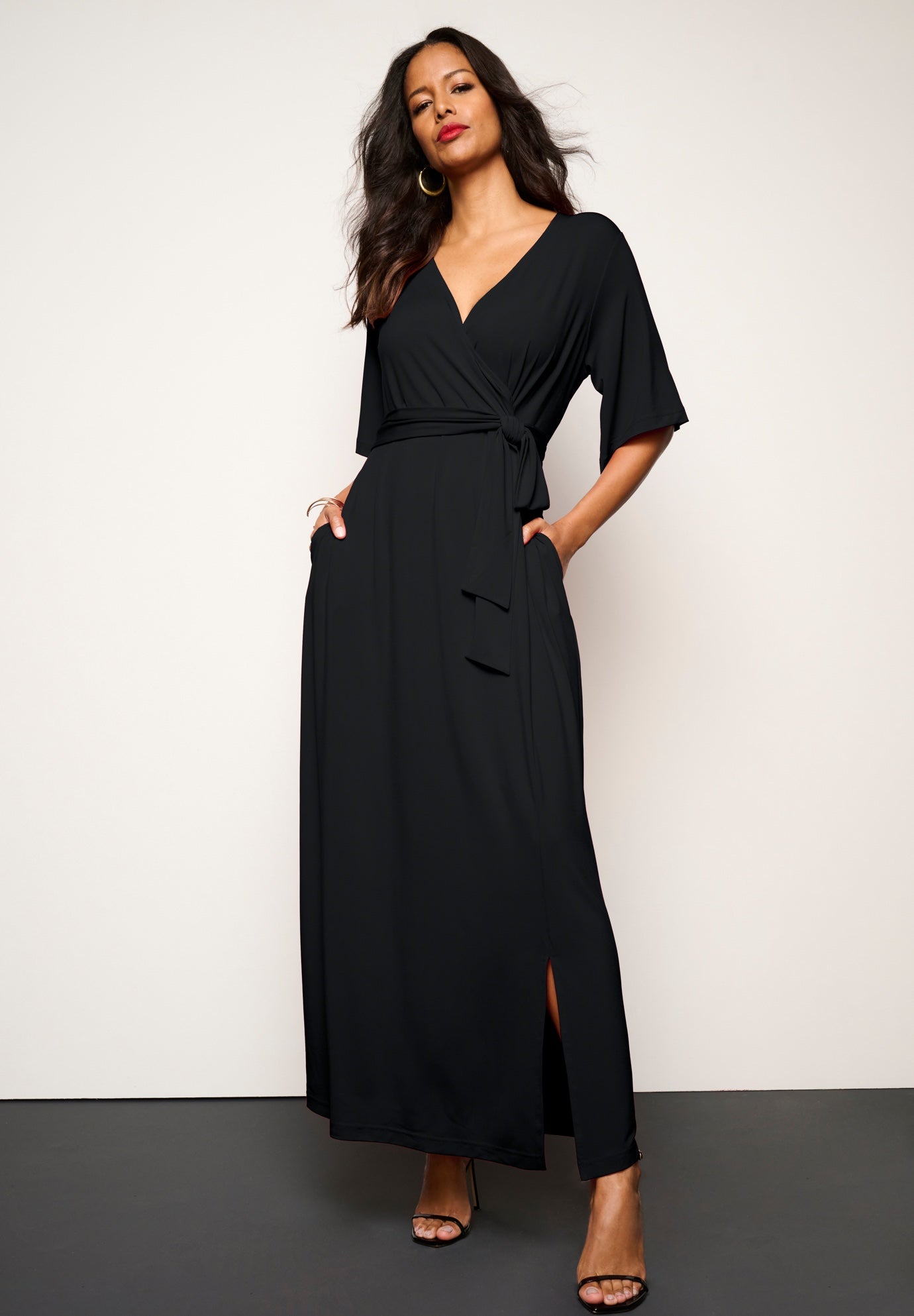Plus Size Women's Plus Size Flutter Sleeve Wrap Maxi Dress by Roaman's in Black (Size 26/28)