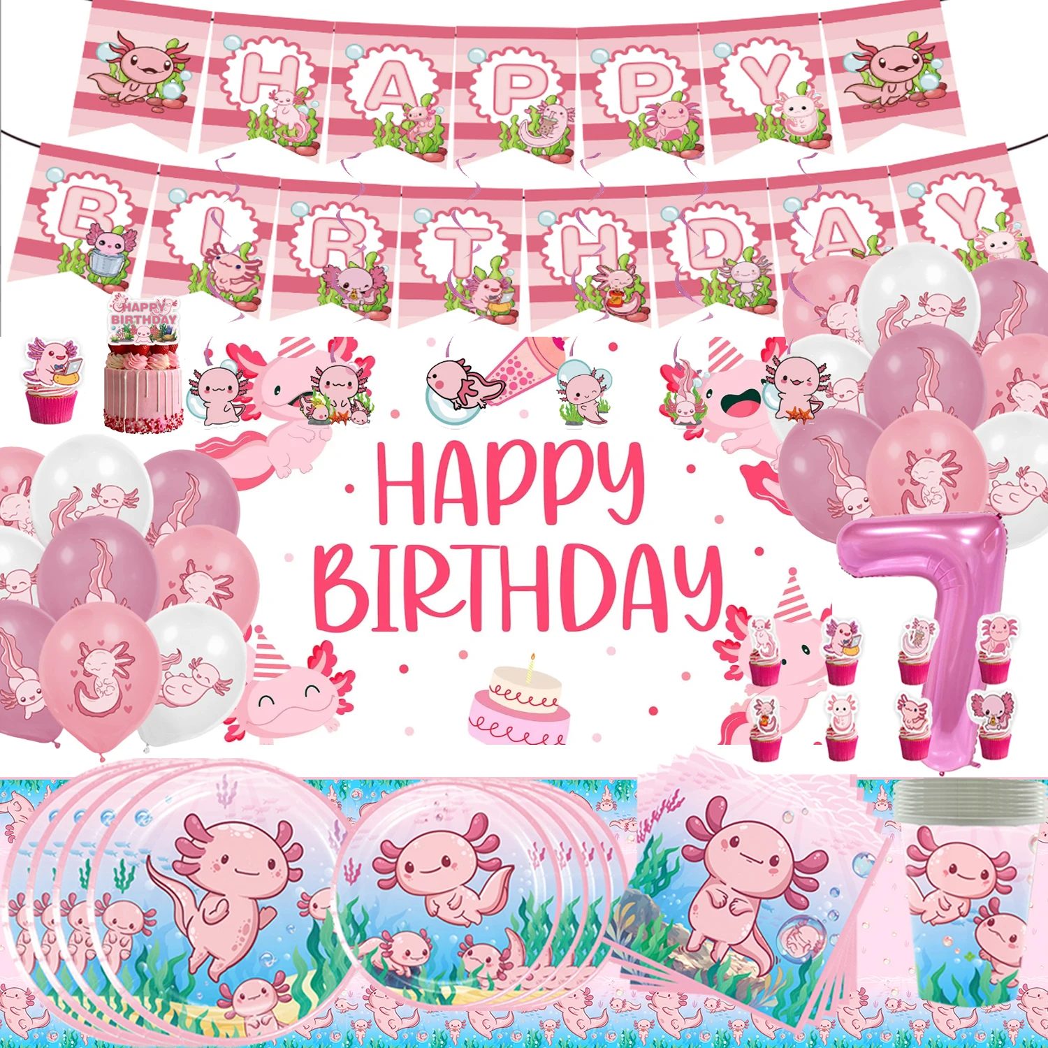 Cartoon Rosa Axolotl Thema Nette kinder Geburtstag Party Einweg Platte Pappbecher Tissue Tischdecke Geschirr Geschenk Prop Decor Image