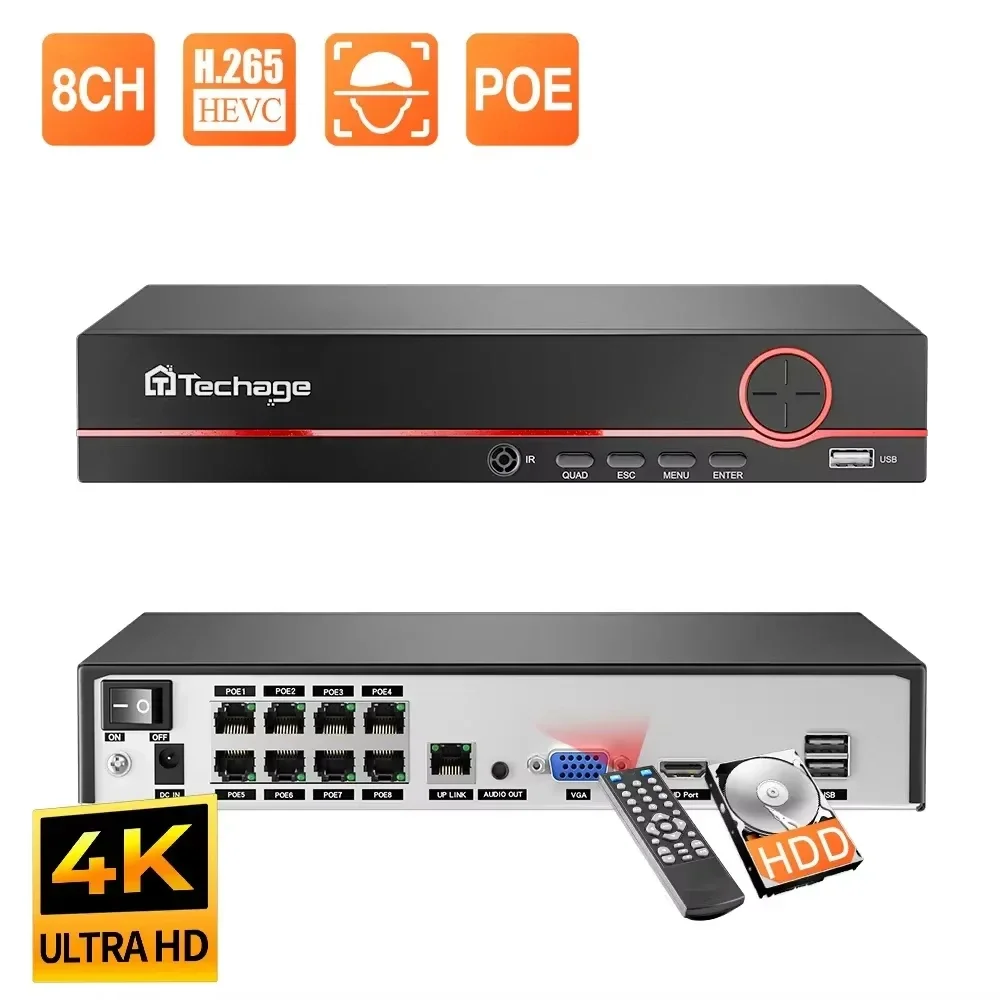 H.265 8CH 4K 8MP 5MP 4MP 1080P POE NVR Videoregistratore di sicurezza di rete Fino a 16CH per sistema CCTV Telecamera IP POE