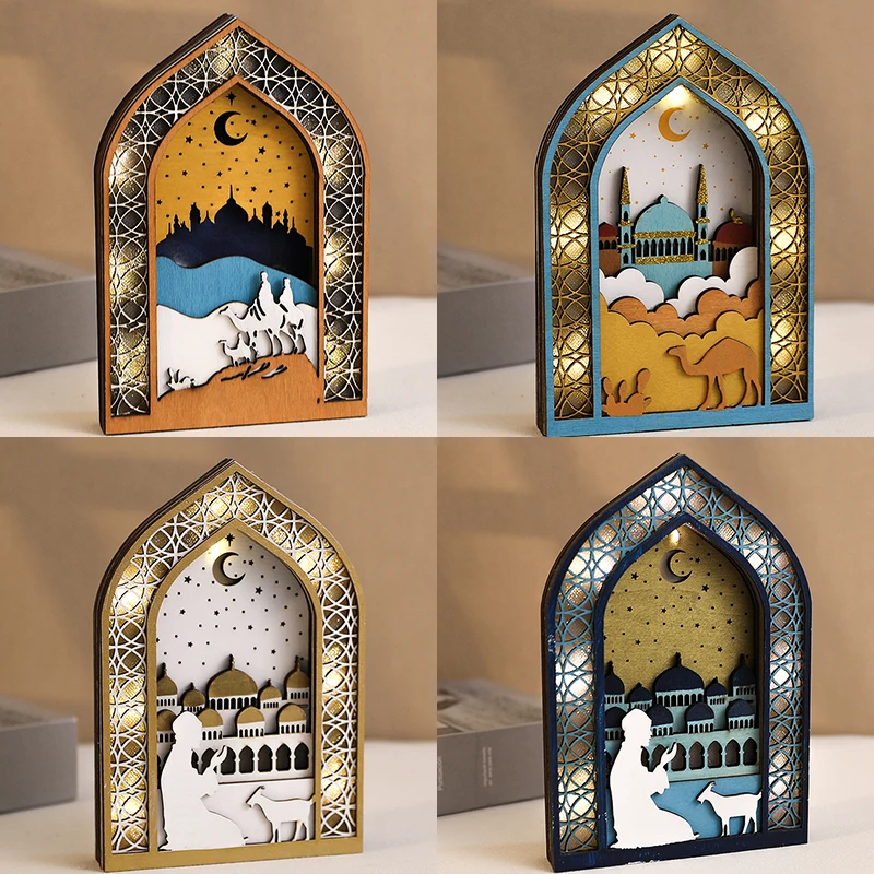 1 stück Eid Mubarak Holz Ornamente Led-leuchten Ramadan Kareem Dekorationen Moschee Lampe Für Home 2025 Islamischen Muslimischen Party Decor geschenk Image