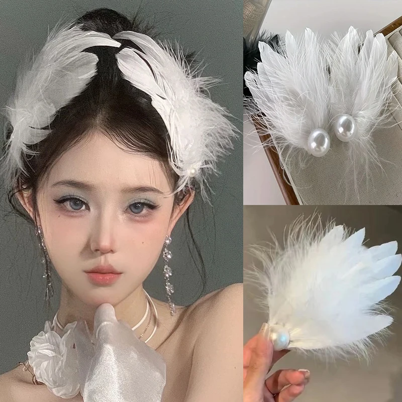 2 Teile/satz Fee Elegante Weiße Feder Haarnadel Süße Hairwear Perle Flauschigen Mädchen Seite Clip Ballett Dekor Haarspange Haar Zubehör Image