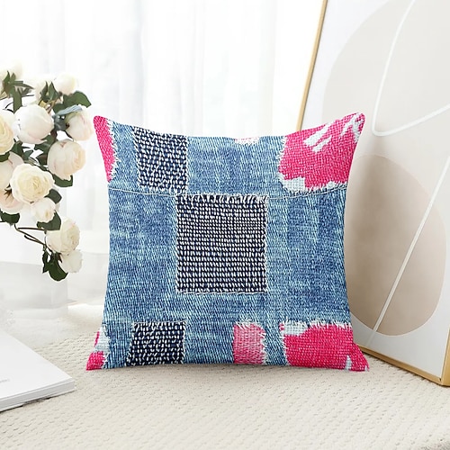 Vintage dekorativer Kissenbezug, 1 Stück, Denim-Patch, weicher, quadratischer Couchkissenbezug für Schlafzimmer, Wohnzimmer, Sofa, Stuhl Image