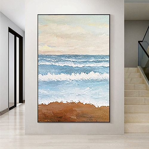 handgemachtes Ölgemälde 3er Set hellblau Ozean Meereslandschaft Küstenwandkunst abstrakt Strand Meereslandschaft Gemälde auf Leinwand Wohnzimmer riesiges extra großes WandKunst Dekor Image