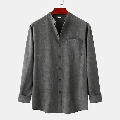 Herren Hemd leinenhemd Hemd mit Stehkragen Knopfhemd Glatt Urlaub Festtage Purpur Khaki Grau Langarm Stehkragen Sommer Frühling Herbst Bekleidung Image