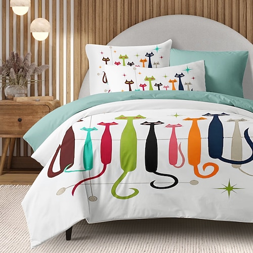 Bettbezug-Set mit Katzenmotiv, 100 % Baumwolle, weiche und atmungsaktive Bettwäsche mit bezaubernden Katzenmotiven, perfekt für Katzenliebhaber, leichter und strapazierfähiger Bettbezug, bequem für alle Jahreszeiten Image