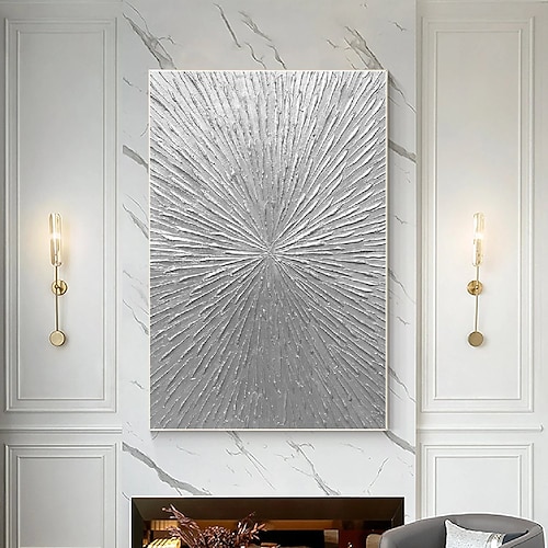 Silberstrahlen abstraktes dickes strukturiertes Original Ölgemälde Wohnzimmer WandKunst Dekor vertikale Wandkunst Silber minimalistisches Gemälde auf Leinwand Image