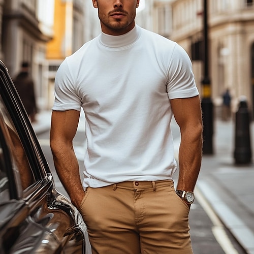 Herren T Shirt Rollkragenhemd Kurzarm Stehkragen Sommer Frühling Einfach Mode Lässig Bequem Klassicher Stil Urlaub Straße Ferien Schwarz Grau Grün Top T-Shirt für Herren Image