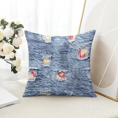 Vintage dekorativer Kissenbezug, 1 Stück, Denim-Patch, weicher, quadratischer Couchkissenbezug für Schlafzimmer, Wohnzimmer, Sofa, Stuhl Image