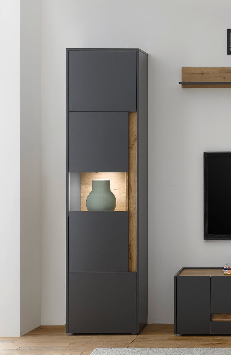 Vitrine 50x197 cm Eiche Anthrazit 3-türig BOSTON + Beleuchtung