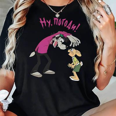 TEMU Women's Trendy Cartoon Wolf & Rabbit Print Tee - Casual Short Sleeve, Comfortable Summer Top, Machine Washable, Creative Pattern, Holiday Image
