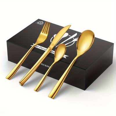 TEMU 48pcs Cutlery Set Golden Stainless Handle Silvery Set For 12 People Mirror Polished Image