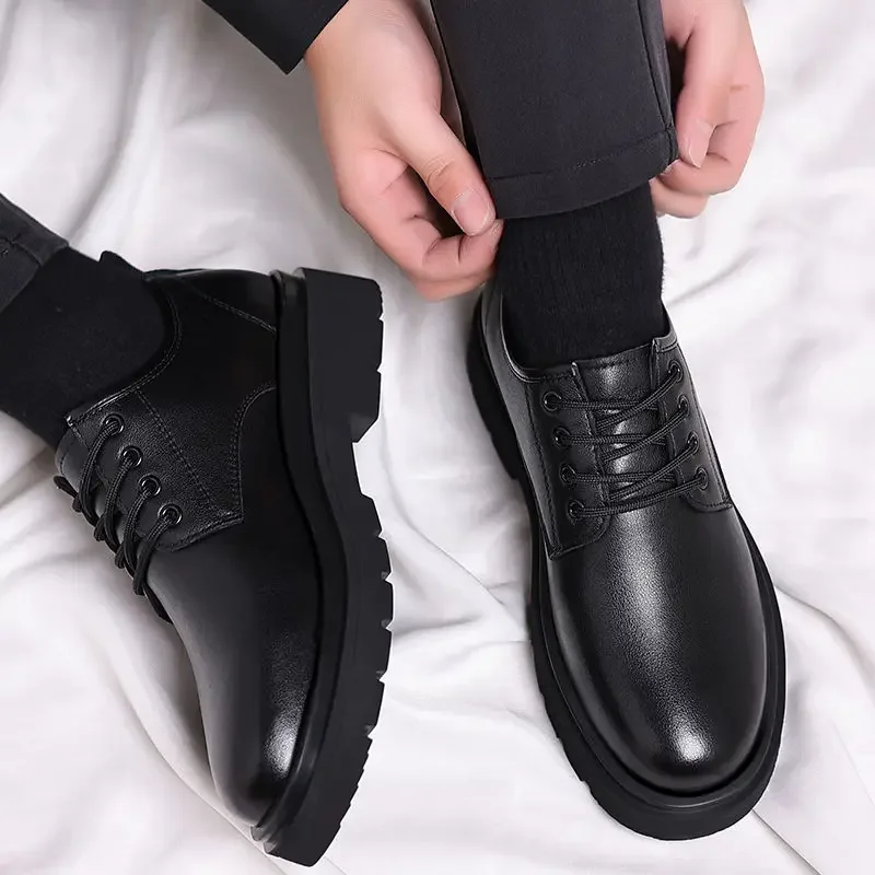 Lederschuhe für Herren, schwarz, dicke Sohle, Plattform, runde Zehen, versandkostenfrei, klassischer Herren-Freizeitschuh, original bequem, 2025, Trend