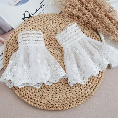 1 Paar abnehmbare Manschetten, Spitze, Blumen-Mesh, gefälschte ausgestellte Ärmel, doppellagig, Image
