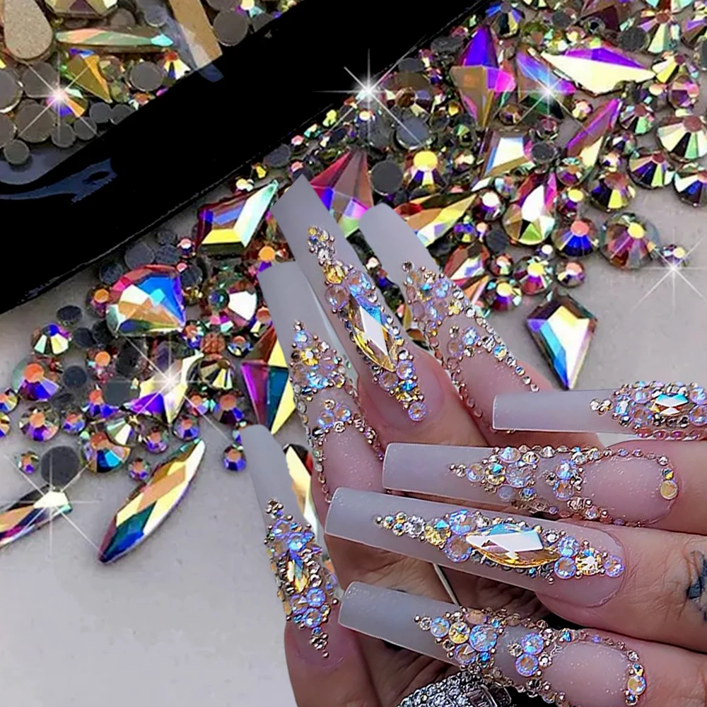 180 Stück AB Flatback Glas Nail Art Strasssteine Multi-Form gemischte Diamant-Edelsteine blau lila Kristallsteine für DIY-Nageldekoration Image