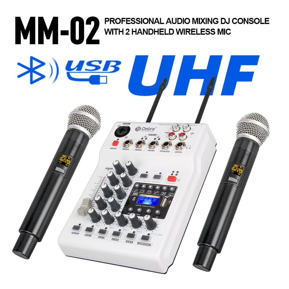 Debra Audio Scheda audio Mixer console DJ con microfono wireless UHF a 2 canali per registrazione PC domestica Rete DJ Karaoke dal vivo