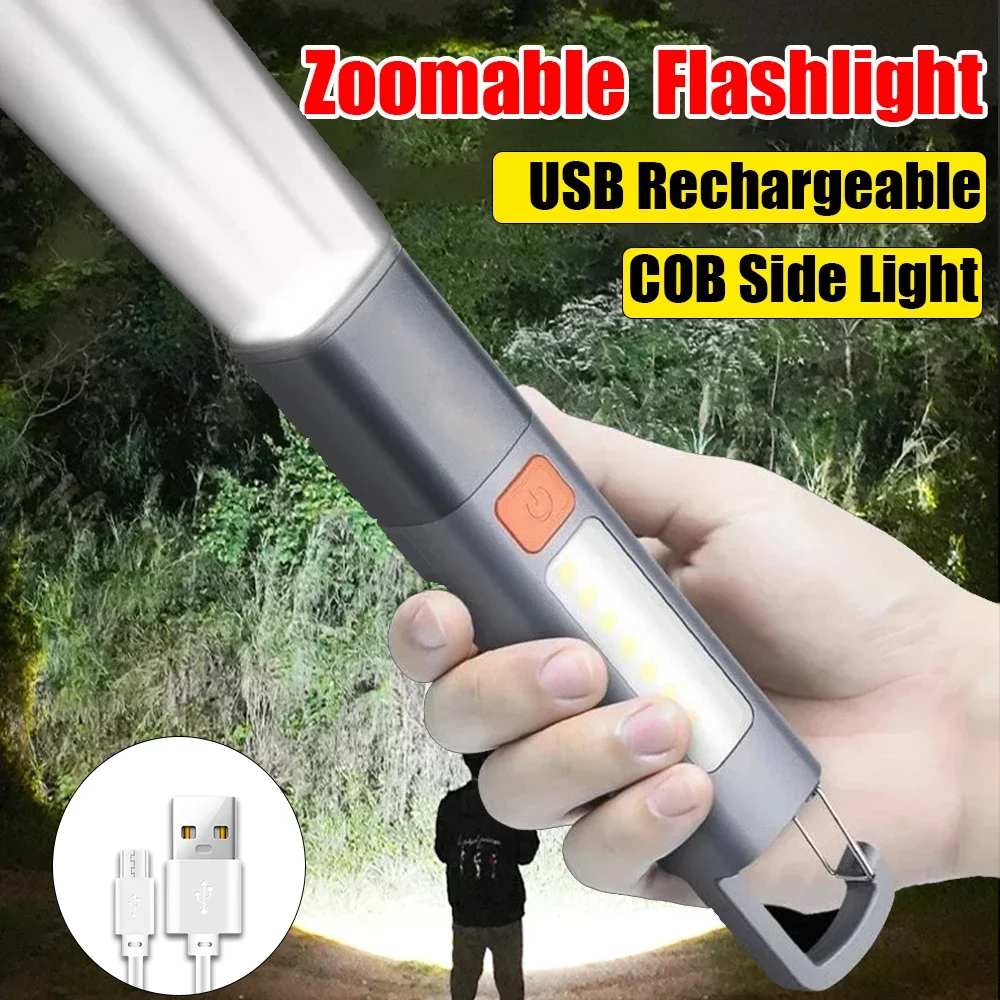 Starke Beleuchtung abs Taschenlampe USB-Aufladung tragbare Outdoor kleine Taschenlampe Camping Hängelampe Teleskop Fokus Cob Seiten lampe Image