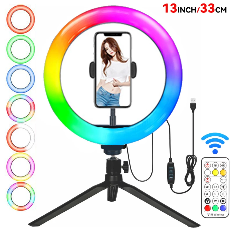 13" RGB Selfie Ringlicht Stativ Telefonhalter Dimmbares LED-Ringlicht für Live-Stream/Make-up/YouTube/Fotografie Image