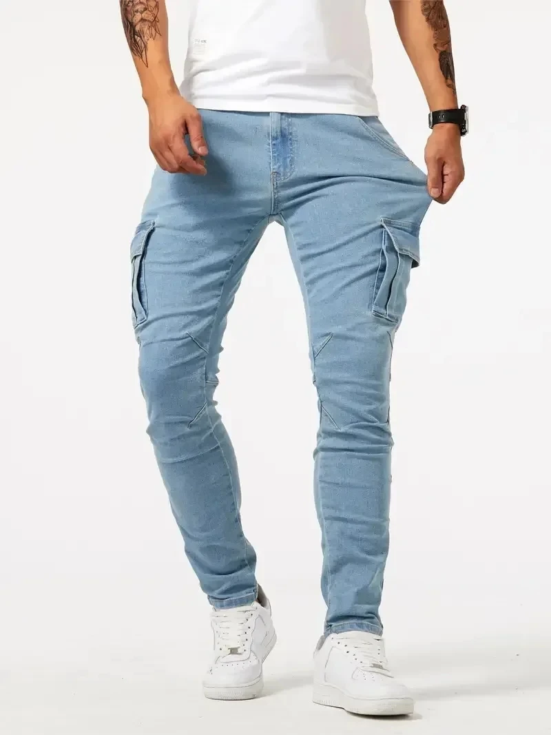 2025 Street Elastic Jeans Männer Denim Cargo Hosen Waschen Einfarbig Multi Taschen Casual Mittlere Taille Hose Schlanke Tägliche Tragen Jogger Image