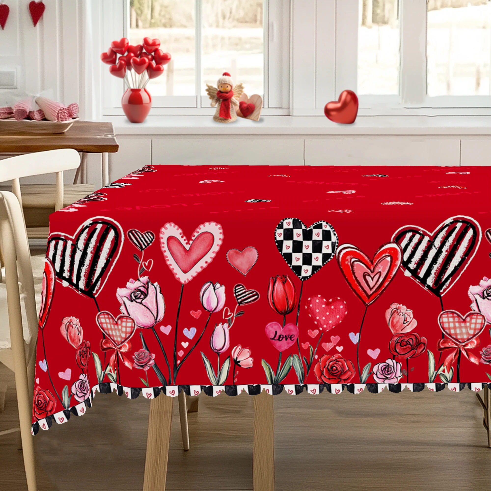 1-teilige runde Valentinstag-Tischdecke, 5 Größen erhältlich, romantische herzförmige bedruckte quadratische Tischdecke, Kantenprägeverfahren, Hochzeitsgarten-Tischdecke, Tischdecke für die tägliche Image