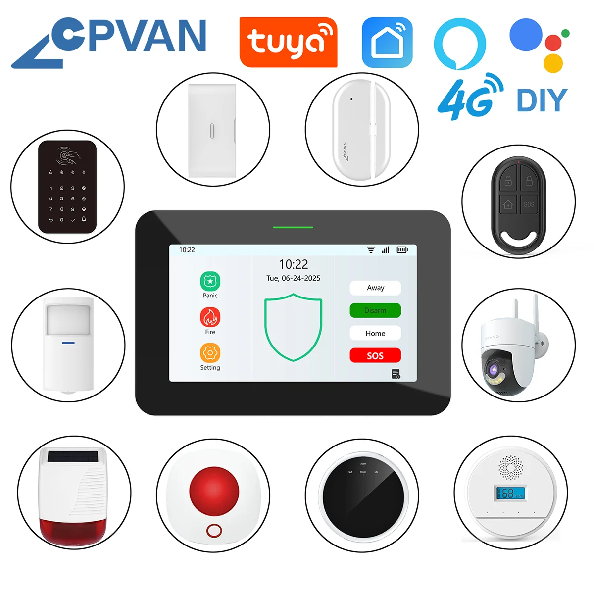 CPVAN Tuya Smart Home Alarm System Drahtlose WiFi 4G 7 Zoll Panel für Hause Einbrecher Sicherheit Schutz Alarm Kit DIY Zubehör Image