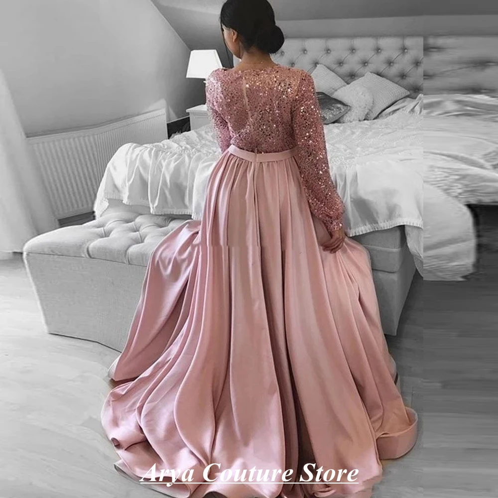 Maßgeschneidertes exquisites rosa arabisches Abendkleid mit V-Ausschnitt und Pailletten, elegant, schlicht, Dubai, lange A-Linie, lange Ärmel, sexy Abschlussball-Partykleid