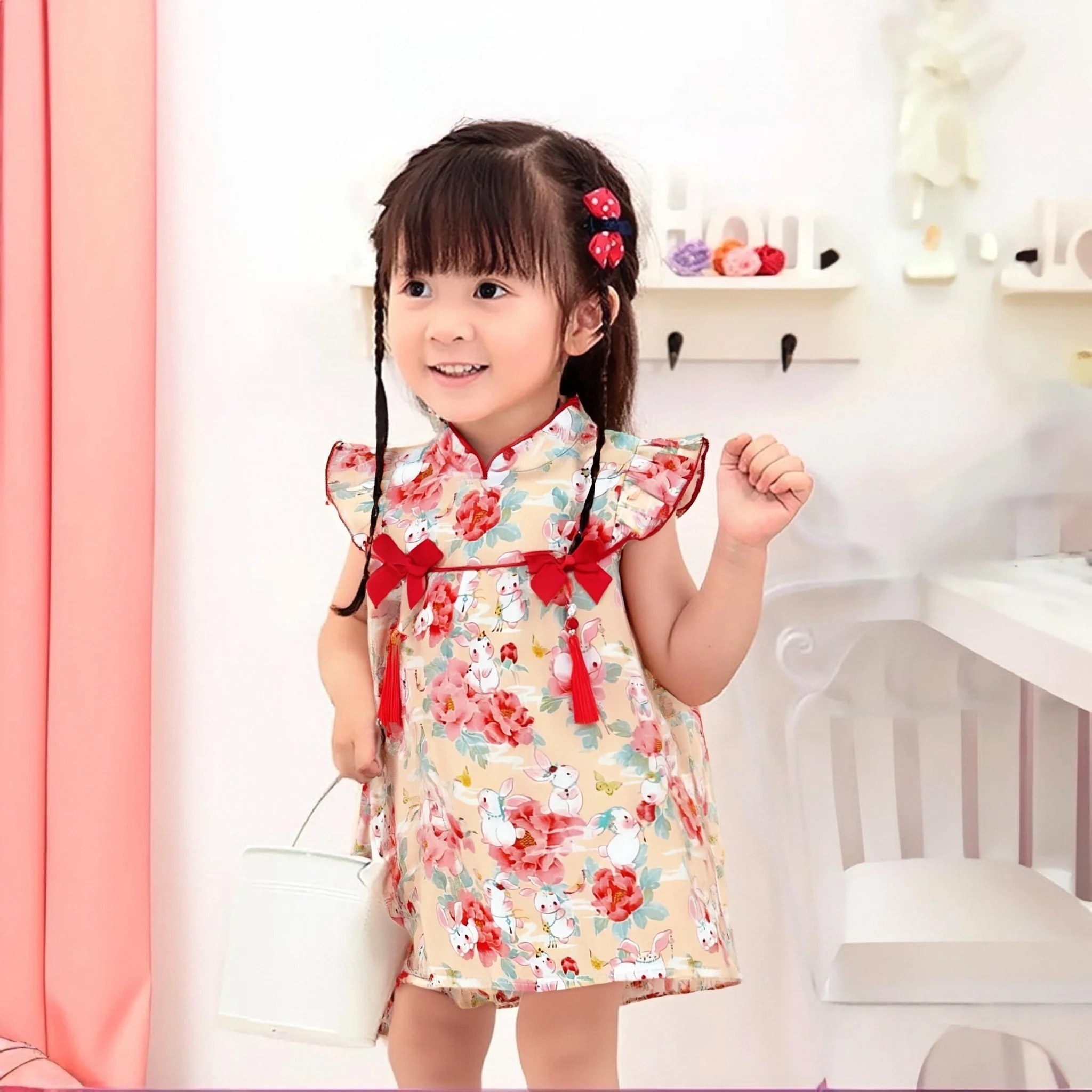 Sommerkleid für Babys im chinesischen Stil, süßes und süßes kleines Kaninchen, fliegende Ärmel, seltsame Robe, Prinzessinnenkleid, geeignet für 0–3 Jahre Image