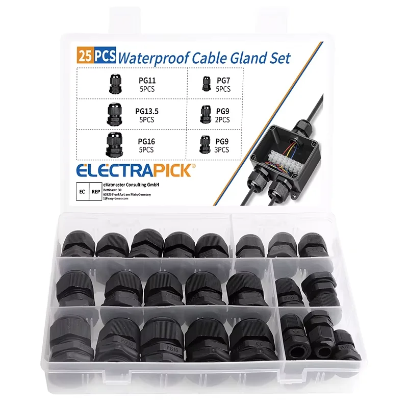 25 stücke Wasserdichte Kabelverschraubung Nylon Gelenke Kunststoff Schwarz Kabelverschraubungen Stecker Kabel Joint Kombination PG7 PG9 PG11 PG13,5 PG16 Image